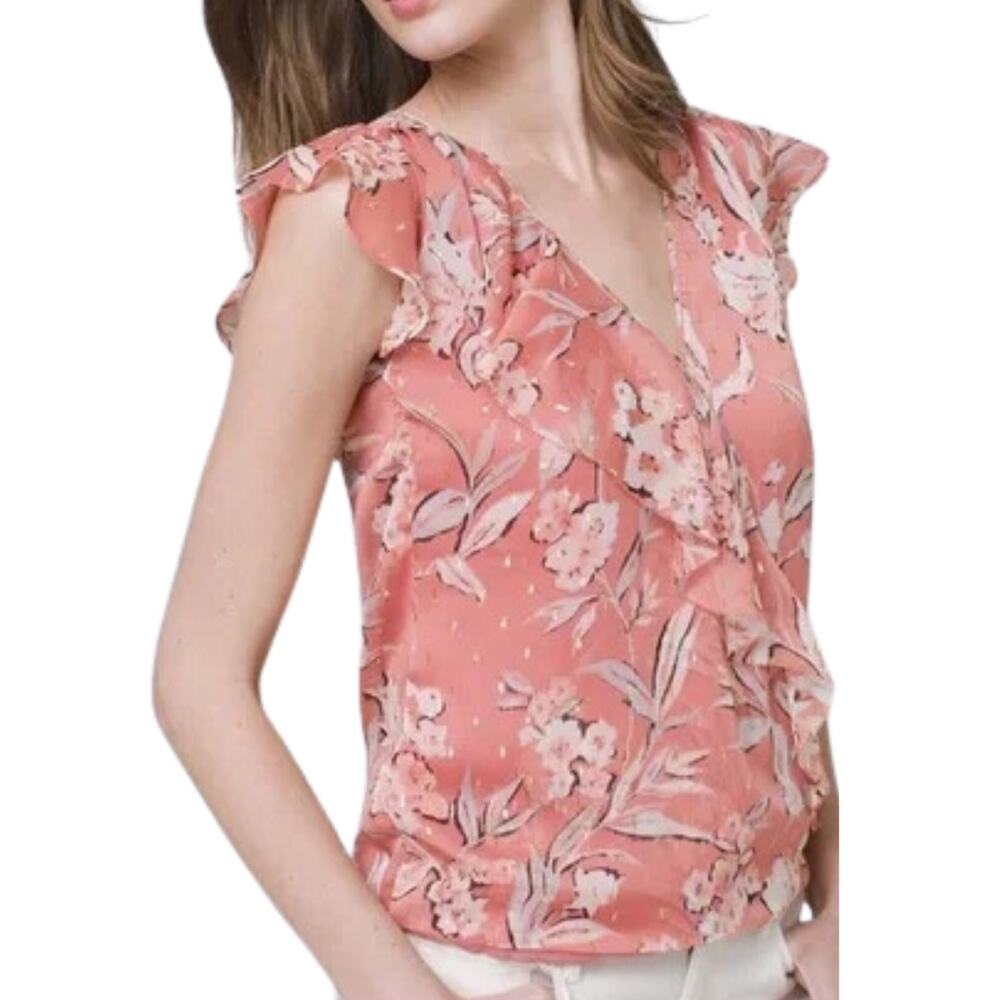 WHBM Peach Floral Chiffon Mock Wrap Blouse Size 4
